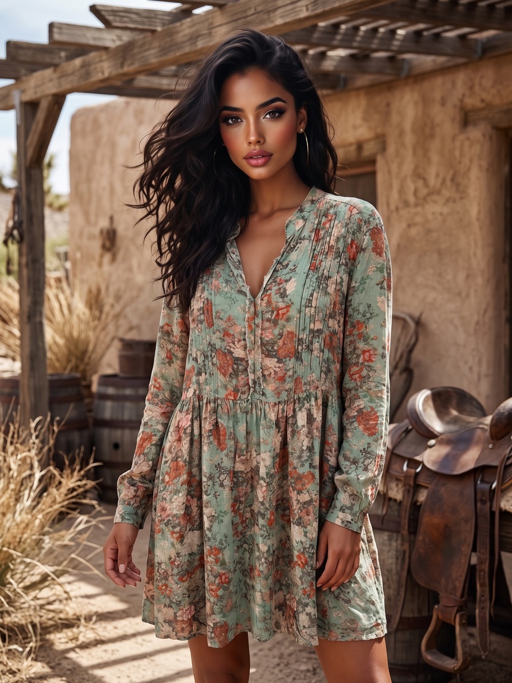 Peruvian Connection Floral Pintuck Long Sleeve Tunic Dress Size Medium
